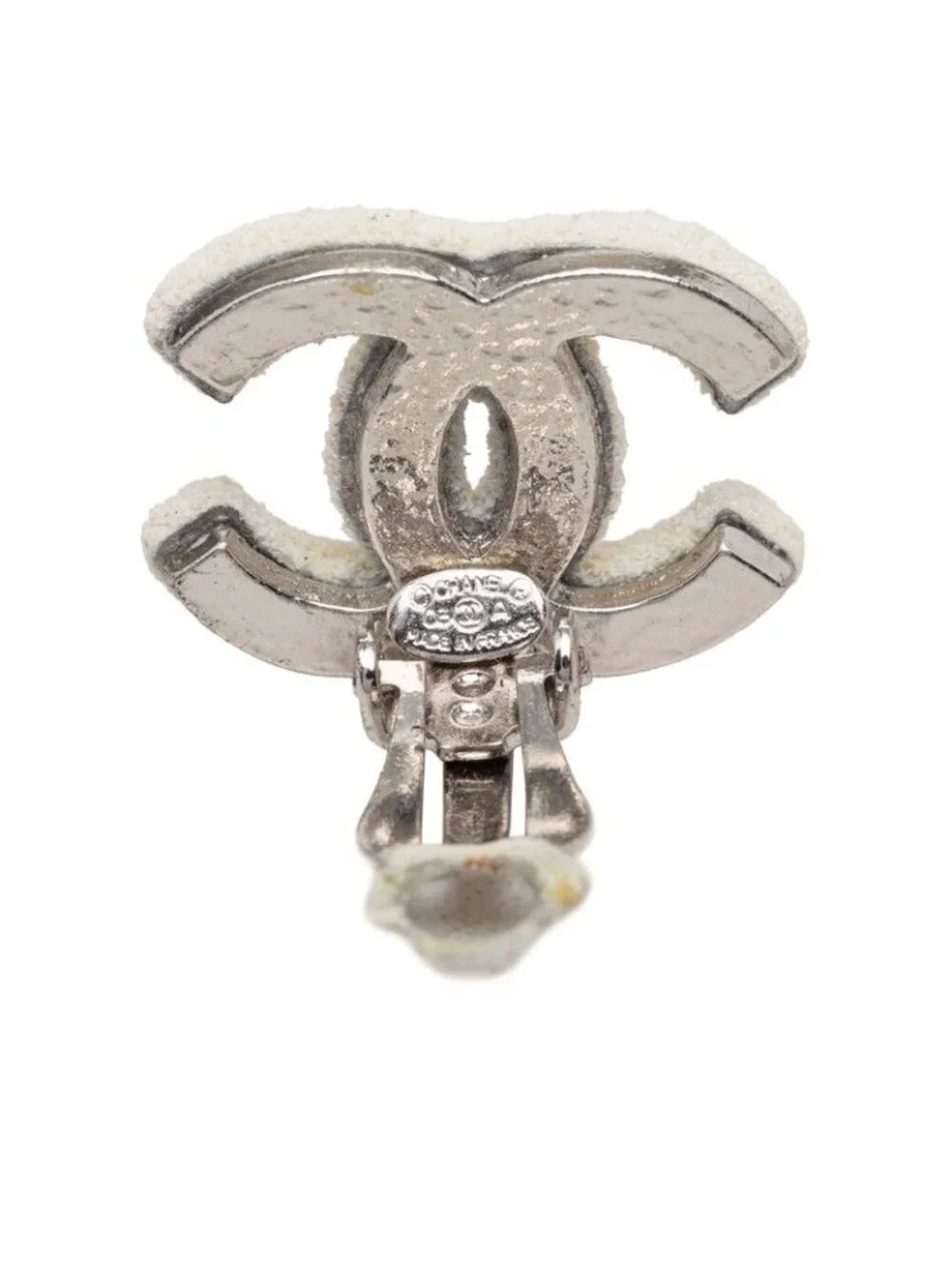 Chanel CC Logo Earrings White Metal